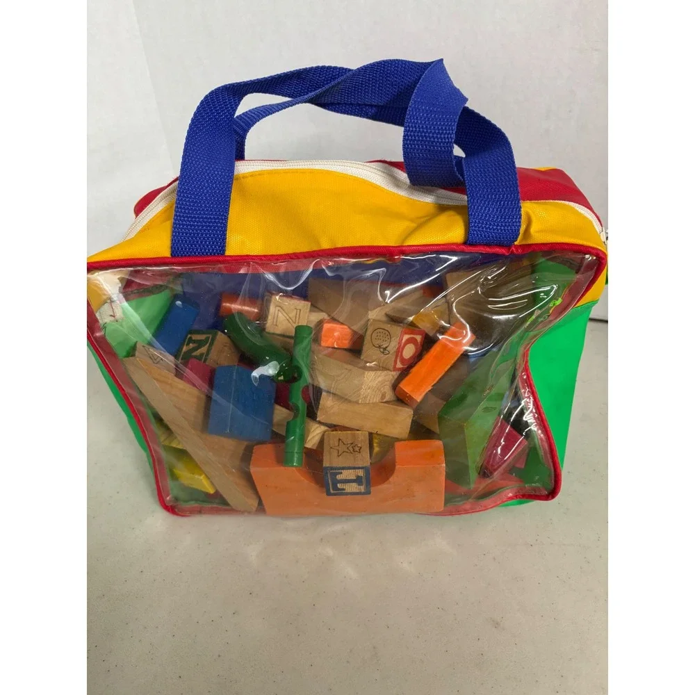 Vintage Style Wooden Building Blocks Assorted Shapes Alphabet Set with Carry Bag